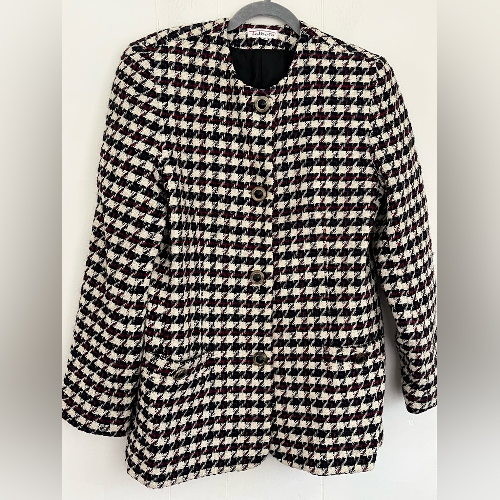 VTG Talbots Wool Tweed Blazer Black White Purple Red Houndstooth Blazer Size 12 - Picture 1 of 16